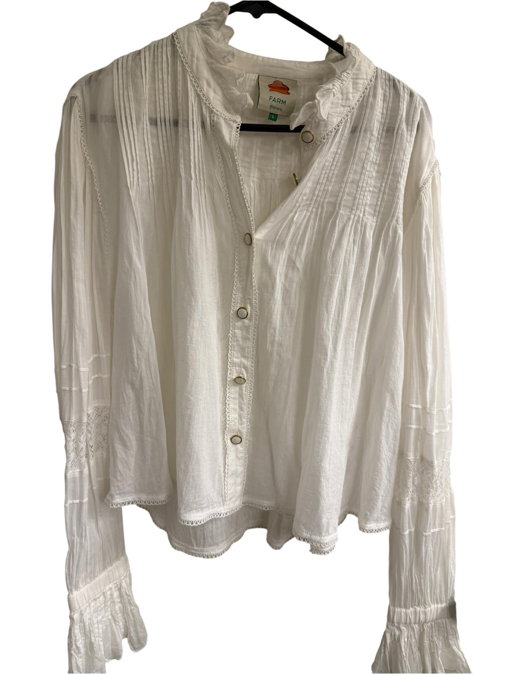Farm Rio White Ruffle Sleeve Gold Button-Down Shirt | Size Large - Picture 6 of 8